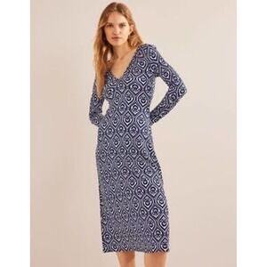 BODEN V-Neck Midi Dress Long Sleeve Blue/White Patterned Size 8 NEW